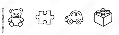 Four simple black outline children's toy icons, including a teddy bear, puzzle piece, car, and building block, are presented in a charming, slightly textured, hand-drawn style