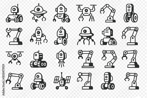Different types of robots and machines in a grid layout showing various designs and features for technology enthusiasts