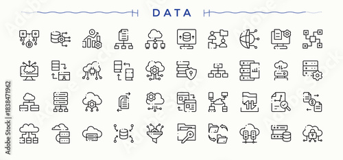Data icon collection. Vector outline icons collection. Editable vector stroke. Data Analysis icon set. Containing server, data analysis, technology, info, analysis, data server and more.