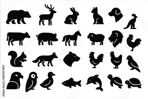 Silhouettes of different animals including bear, deer, rabbit, dog, and more displayed on a white background in various positions