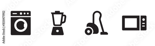 Four black silhouette household appliance icons are displayed in a clean, minimalist, and modern flat design style, representing common domestic equipment