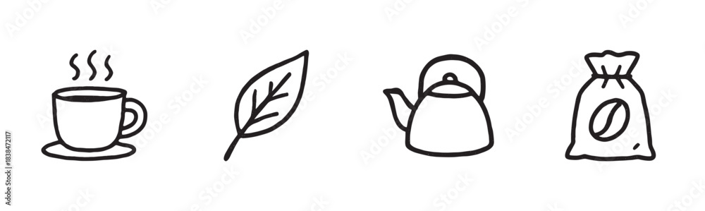 Fototapeta premium Four simple hand drawn beverage icons illustrate coffee and tea concepts with a steaming mug, a fresh leaf, a classic teapot, and a coffee bean sack