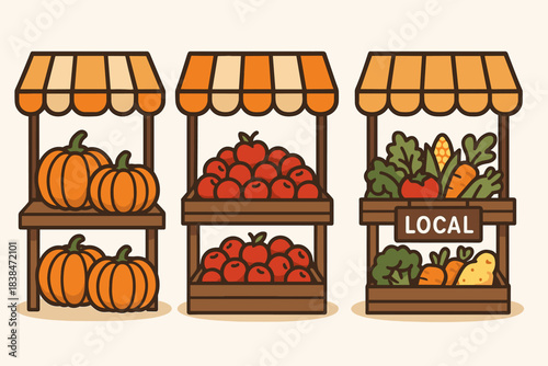 Fresh produce market with pumpkins and tomatoes at local stalls in a simple setting