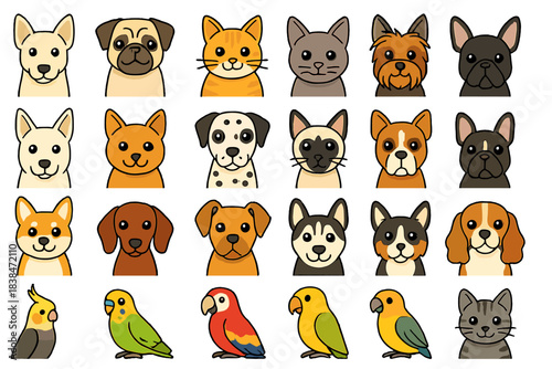Various cartoon animal faces featuring dogs, cats, and birds in bright colors displayed in a grid layout