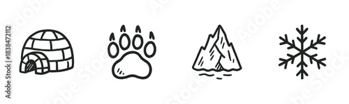 Four simple black outline arctic icons are neatly arranged, featuring an igloo, a bear paw, an iceberg, and a snowflake in a charming hand-drawn style