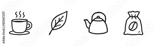 Four simple hand drawn beverage icons illustrate coffee and tea concepts with a steaming mug, a fresh leaf, a classic teapot, and a coffee bean sack