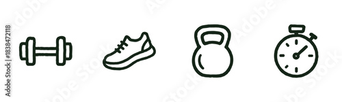 Four hand-drawn fitness icons representing exercise equipment and timing tools are neatly arranged in a minimalist, graphic illustration style
