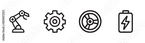 Four hand-drawn black outline icons representing a robotic arm, a gear, a steering wheel, and a battery with a lightning bolt, conveying concepts of industry, mechanics, control, and energy