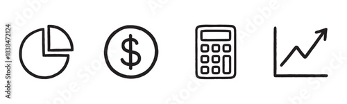 Four hand-drawn financial business icons, depicting a pie chart, dollar sign, calculator, and an upward trending graph, are presented in a simple, illustrative, and modern style