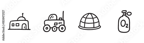 Four simple hand-drawn black and white space exploration icons depict a futuristic habitat, a rover, a geodesic dome, and an oxygen tank in a playful doodle style