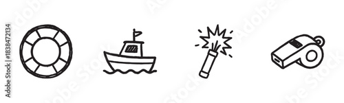 Four hand-drawn maritime safety icons depict a lifebuoy, a small boat, an emergency flare, and a whistle in a simple, illustrative black and white sketch style