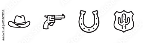Four distinct hand-drawn Western-themed icons, including a cowboy hat, a revolver, a horseshoe, and a cactus shield, are depicted in a simple, bold black outline style