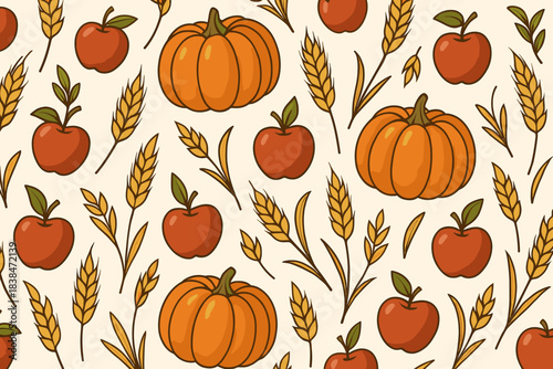 Fall pattern with pumpkins and apples on a light background featuring wheat and leaves in various arrangements