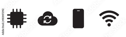 Four black silhouette technology icons representing a microchip, cloud synchronization, a smartphone, and a Wi-Fi signal, presented in a clean, modern graphic style