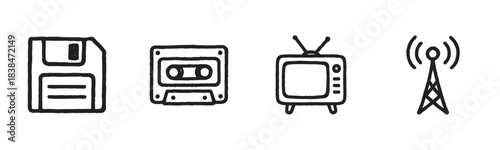 Four hand-drawn retro technology icons depict a floppy disk, cassette tape, television, and communication tower, rendered in a charming doodle style