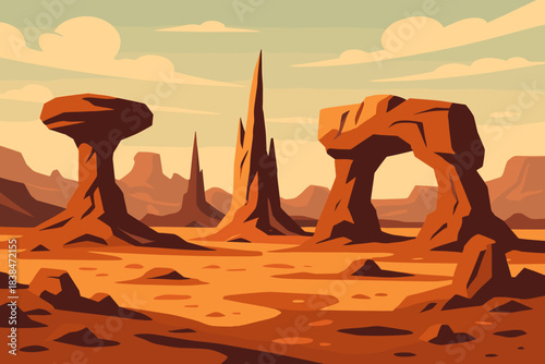 Desert landscape with rock formations under a sunset sky