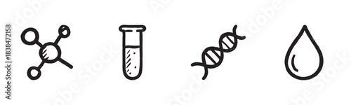 Four hand-drawn scientific icons depicting molecule, test tube, DNA, and a liquid drop are presented in a simple, doodle-style illustration with bold black lines