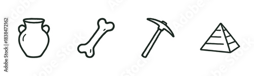 Four simple outline icons represent an ancient amphora, a bone, a pickaxe, and a pyramid, conveying themes of archaeology, history, and exploration with a clean, illustrative style