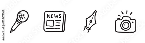 Four hand-drawn black outline media icons including a microphone, newspaper, fountain pen nib, and camera, depicted in a simple, expressive doodle style representing communication and journalism