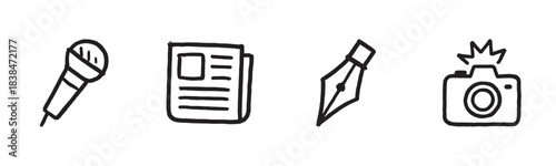 Four hand-drawn black outline media icons including a microphone, newspaper, fountain pen, and camera with flash, depicted in a simple, graphic, doodle style