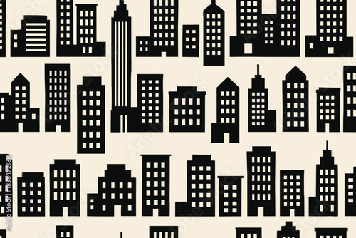 City skyline pattern with various building shapes and designs on a light background during daytime