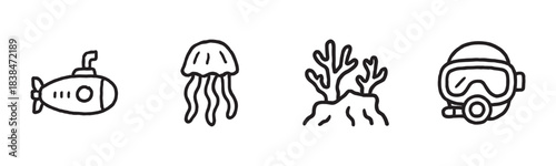Four simple hand-drawn icons depict various underwater elements, including a submarine, a jellyfish, coral, and a diving mask, rendered in a clean black and white line art style