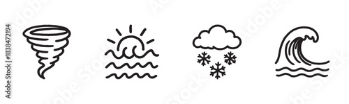 Four simple hand-drawn weather and nature icons depict a tornado, sun over waves, snowy cloud, and large ocean wave in a clean, illustrative style