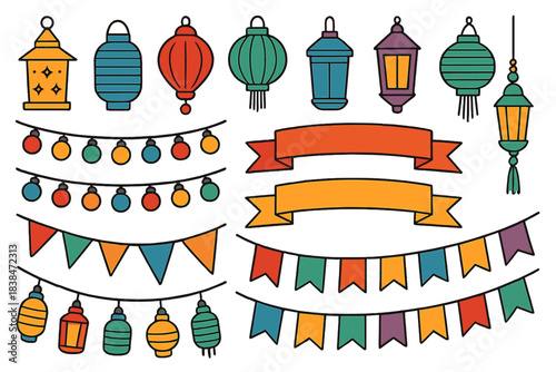Colorful lanterns and banners arranged for a festive celebration in a vibrant display of decorations