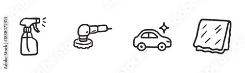 These four hand-drawn car detailing icons illustrate the process of washing, polishing, and cleaning a vehicle with a spray bottle, polisher, and cloth