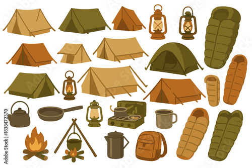 Various camping items shown in different shapes and styles ideal for outdoor adventures in nature