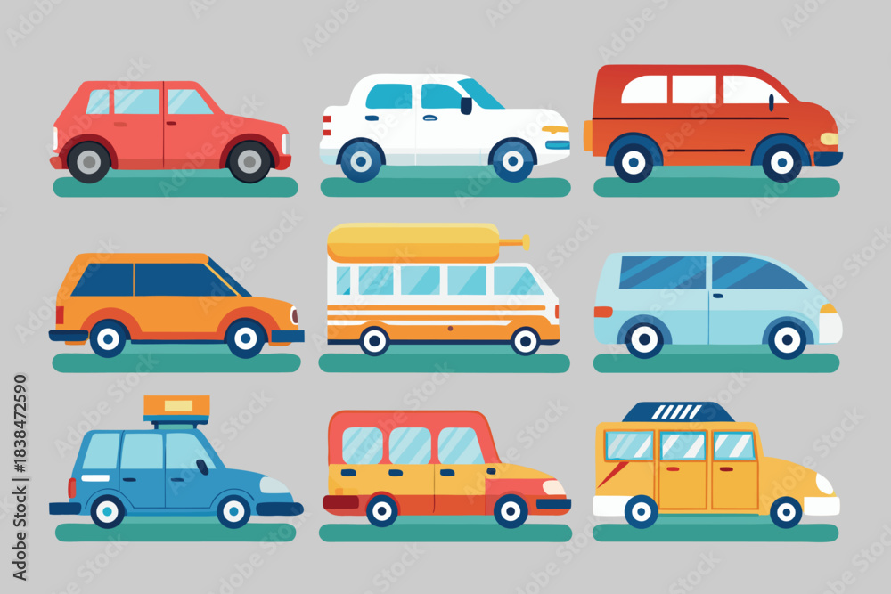 Naklejka premium Collection of colorful cartoon cars vans and buses transportation vehicles