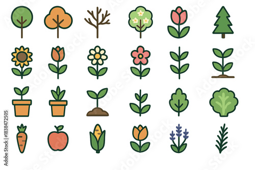 Various simple plant and vegetable illustrations show trees, flowers, and produce in a grid layout on a white background