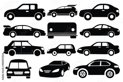 Collection of black silhouettes various vehicles cars trucks van sedan suv