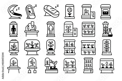 Various plant care tools and devices shown in simple line art style with different settings for gardening and plant growth