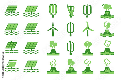 Renewable energy symbols and icons in a simple green design representing different methods of energy generation
