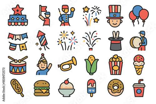 Celebration scene with fireworks, food, and entertainment in a festive setting during summer