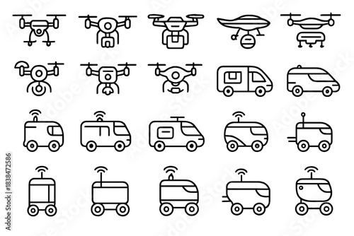 Various types of drones and delivery vehicles with simple line drawings showing different designs and functions in urban settings