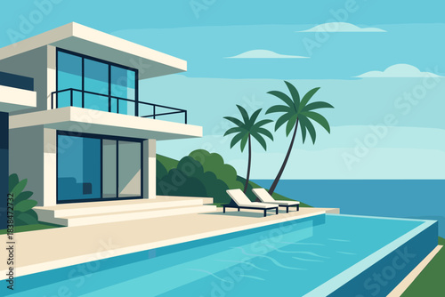 Modern house by the sea with swimming pool and lounge chairs surrounded by palm trees on a sunny day
