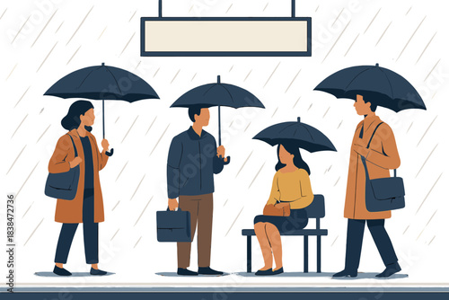 People wait at a bus stop during rain with umbrellas in a city neighborhood while some carry bags and briefcases