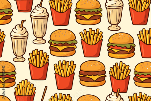 Fast food pattern with burgers, fries, and shakes displayed in bright colors on a light background