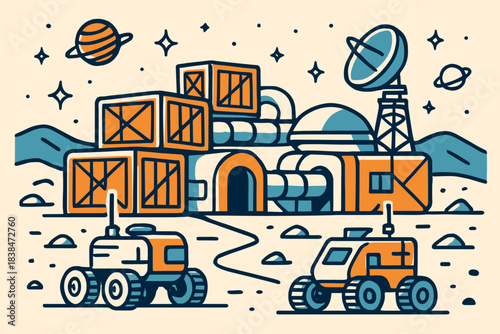 Space station with rovers and storage units on a distant planet under a starry sky