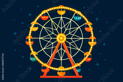 Ferris wheel stands tall at night with bright lights and colorful gondolas in a fun fair setting