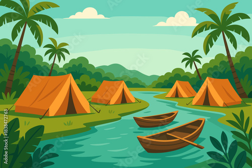 Camping along a river with tents and boats in a forested area on a sunny day