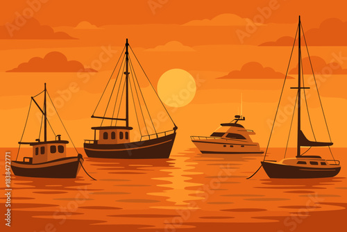 Boating scene during sunset with various boats on calm water and orange sky in the background