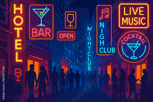 Night scene with people walking near bars and night clubs in a city with neon signs showing drinks and live music