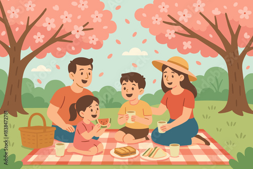 Family picnic under cherry blossom trees with food and drinks enjoying a sunny day in the park