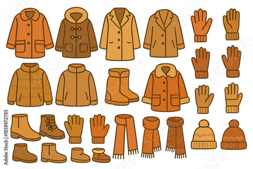 Collection of warm clothing items including coats, gloves, and boots for outdoor activities in autumn