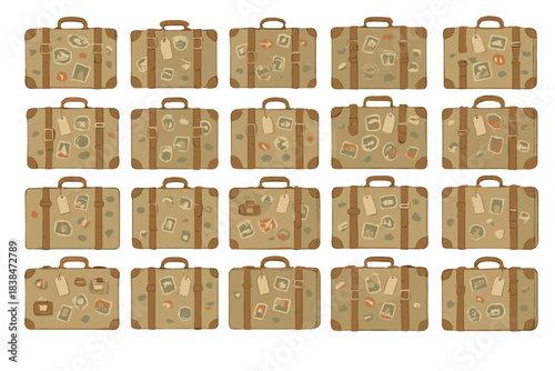 Vintage suitcases with travel stickers arranged in a grid pattern on a simple background