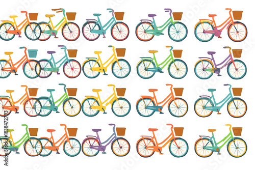 Colorful bicycles with baskets arranged in a repeated pattern on a white background