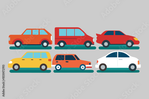 Colorful cars line up transportation vehicles commute traffic road trip family travel
